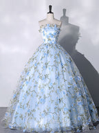 Blue Tulle Lace Long Formal Prom Dresses, Ball Gown Blue Sweet 16 Dresses