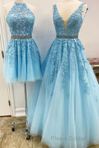 Blue Tulle Lace Formal Prom Dresses, Blue Tulle Lace Formal Evening Dresses