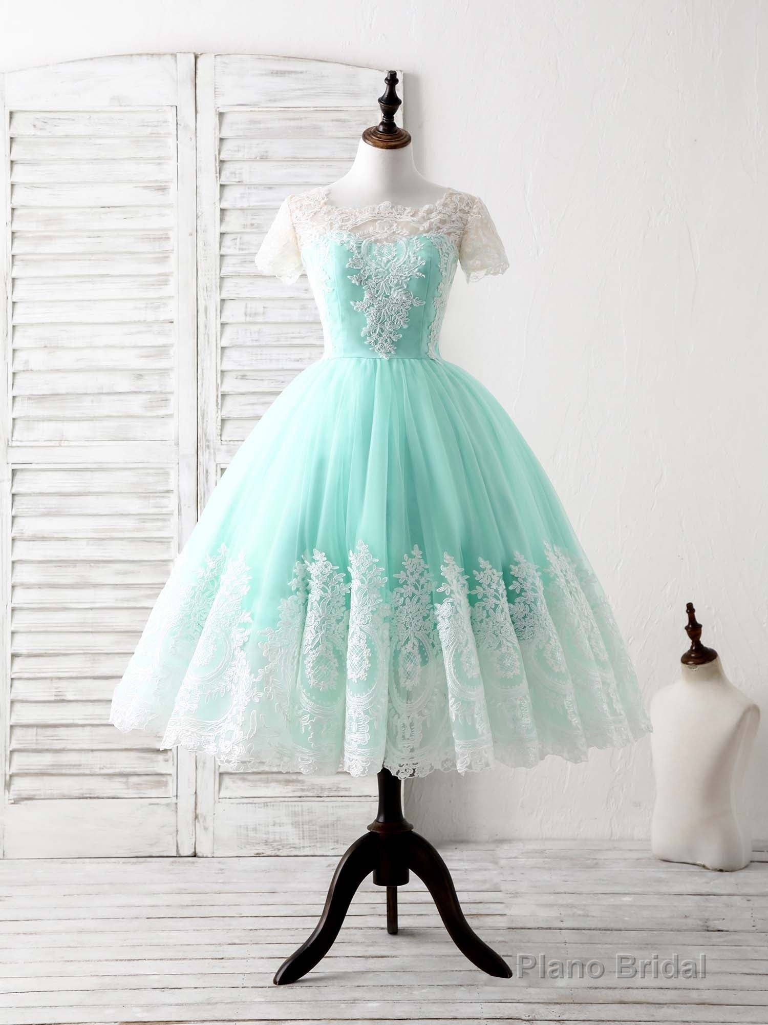 Blue Tulle Lace Short Prom Dress Blue Bridesmaid Dress Main image