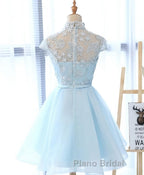 Blue tulle lace short Formal Prom dress, blue tulle lace homecoming dress