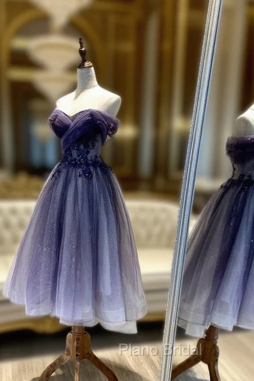 Blue Tulle Lace Short Formal Prom Dresses, Off the Shoulder Evening Party Dresses