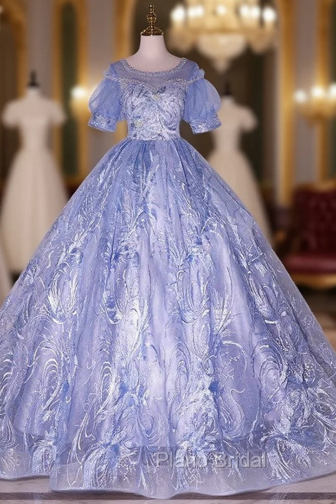 Blue Tulle Lace Short Sleeve Backless Beading Quinceanera Dresses Main image