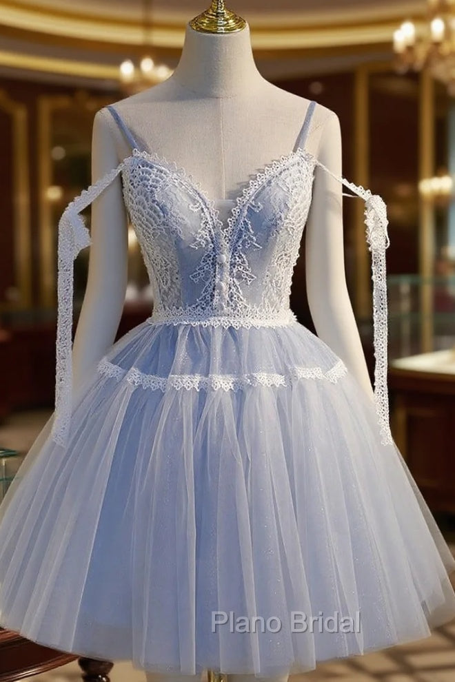 Blue Tulle Lace Straps Homecoming Dresses Main image