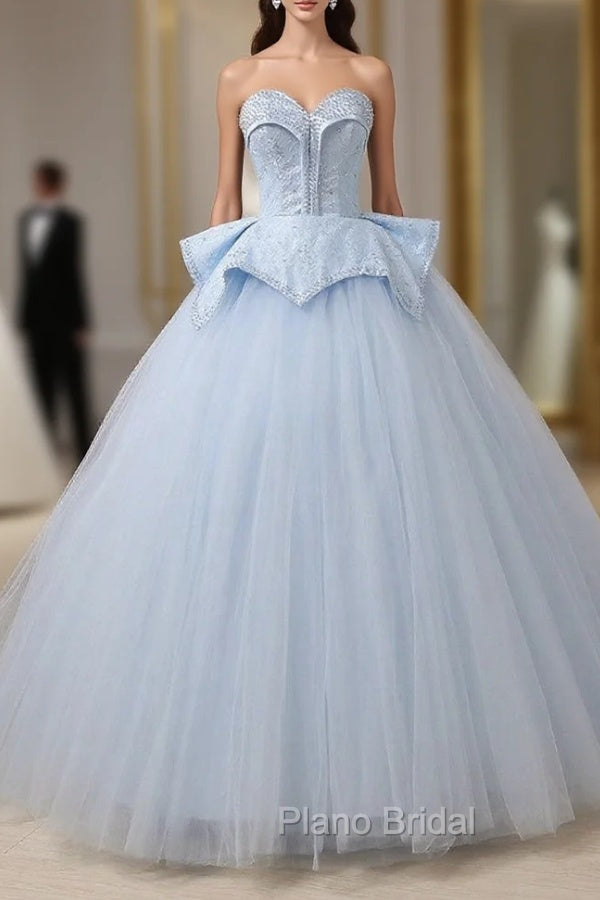 Blue Tulle Lace Up Sweetheart Ball Gown Beading Wedding Dresses Main image