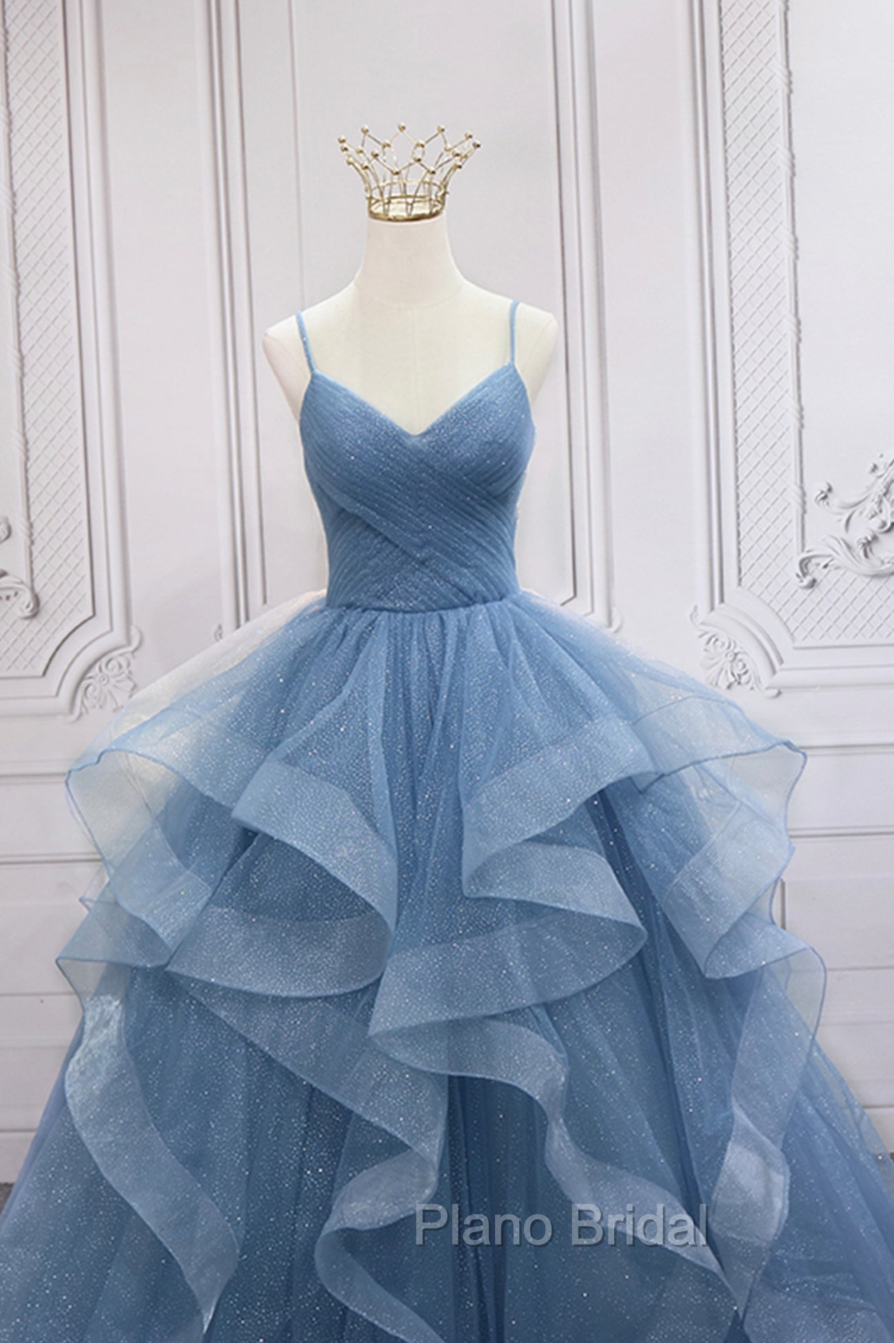 Blue Tulle Layers Long Formal Dresses, Blue Tulle with Straps Party Dresses Secondary image