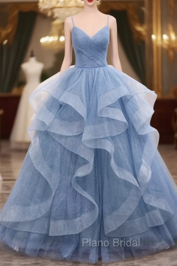 Blue Tulle Layers Long Formal Dresses, Blue Tulle with Straps Party Dresses Main image
