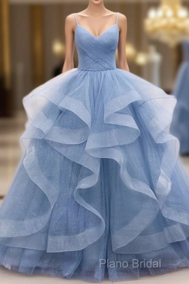 Blue Tulle Layers Long Party Dresses Formal Prom Dresses, Beautiful Sweet 16 Dresses