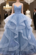 Blue Tulle Layers Long Party Dresses Formal Prom Dresses, Sweet 16 Dresses