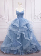 Blue Tulle Layers Long Party Dresses Formal Prom Dresses, Sweet 16 Dresses