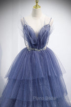 Blue Tulle Layers Long Formal Prom Dresses, A-Line Spaghetti Strap Party Dresses