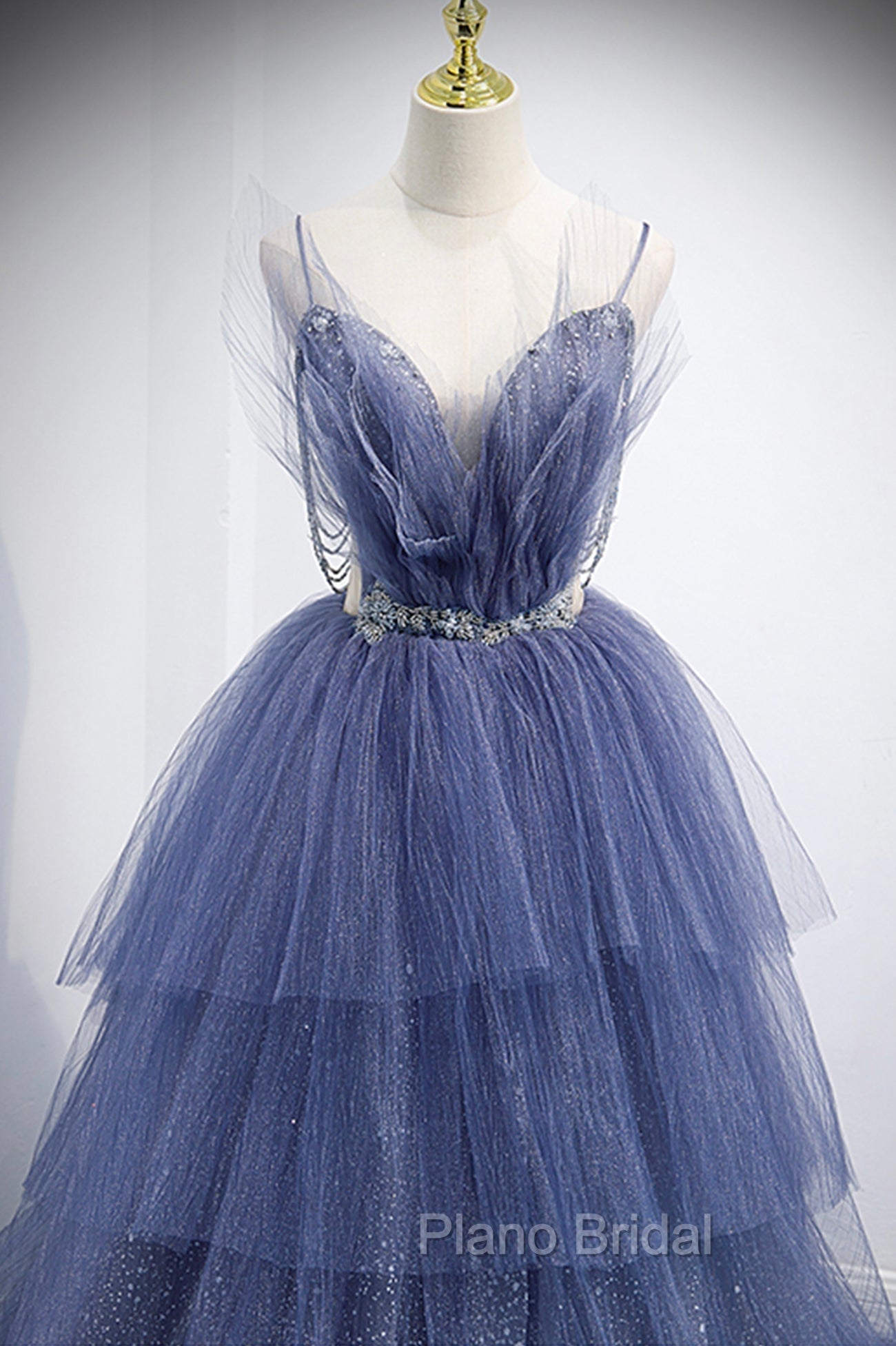 Blue Tulle Layers Long Formal Prom Dresses, A-Line Spaghetti Strap Party Dresses