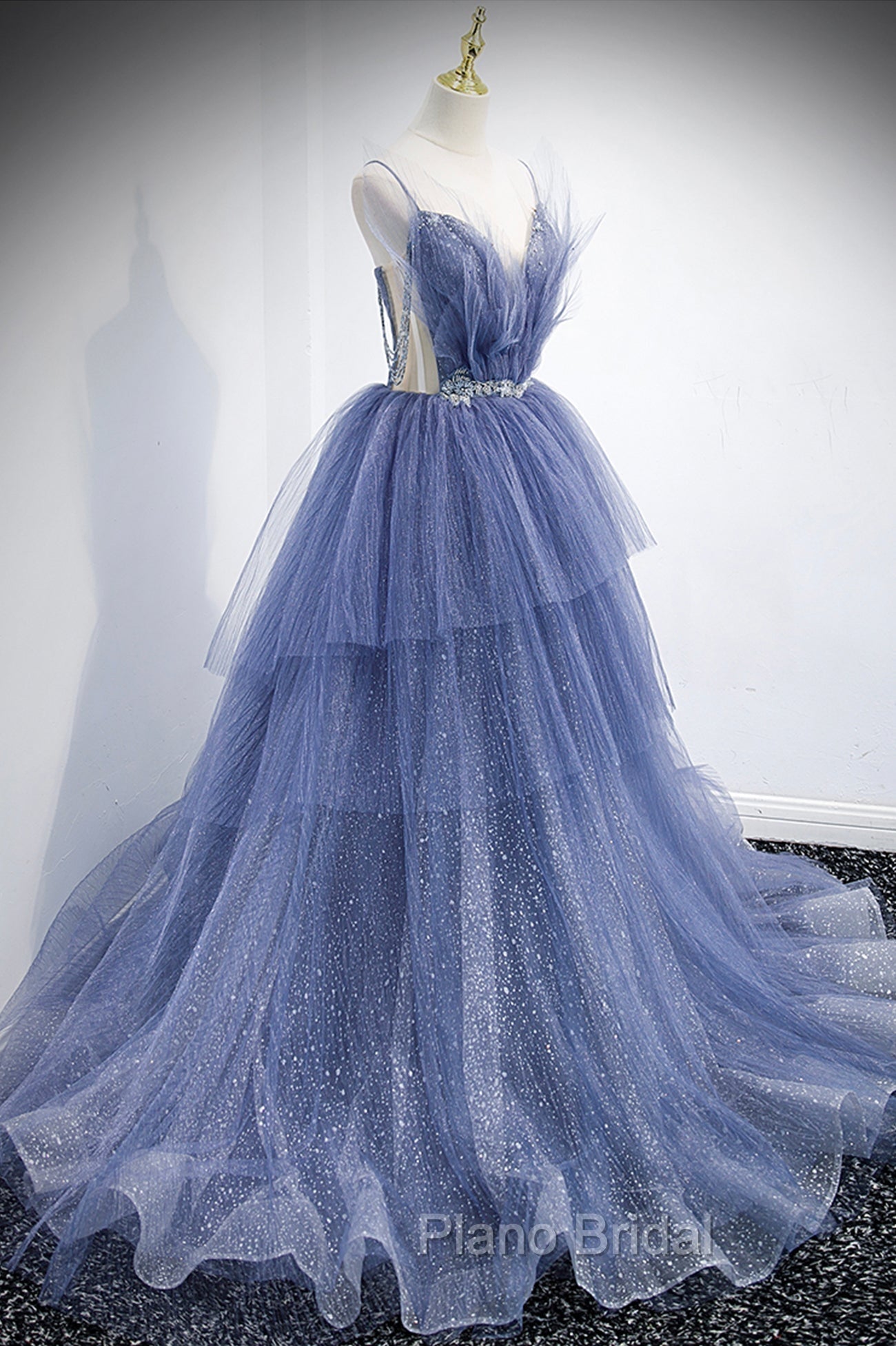 Blue Tulle Layers Long Formal Prom Dresses, A-Line Spaghetti Strap Party Dresses Secondary image