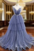 Blue Tulle Layers Long Formal Prom Dresses, A-Line Spaghetti Strap Party Dresses