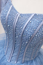 Blue Tulle Layers Long Formal Prom Gown, A-Line Blue Evening Dresses