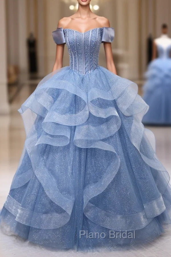Blue Tulle Layers Long Formal Prom Gown, A-Line Blue Evening Dresses Main image