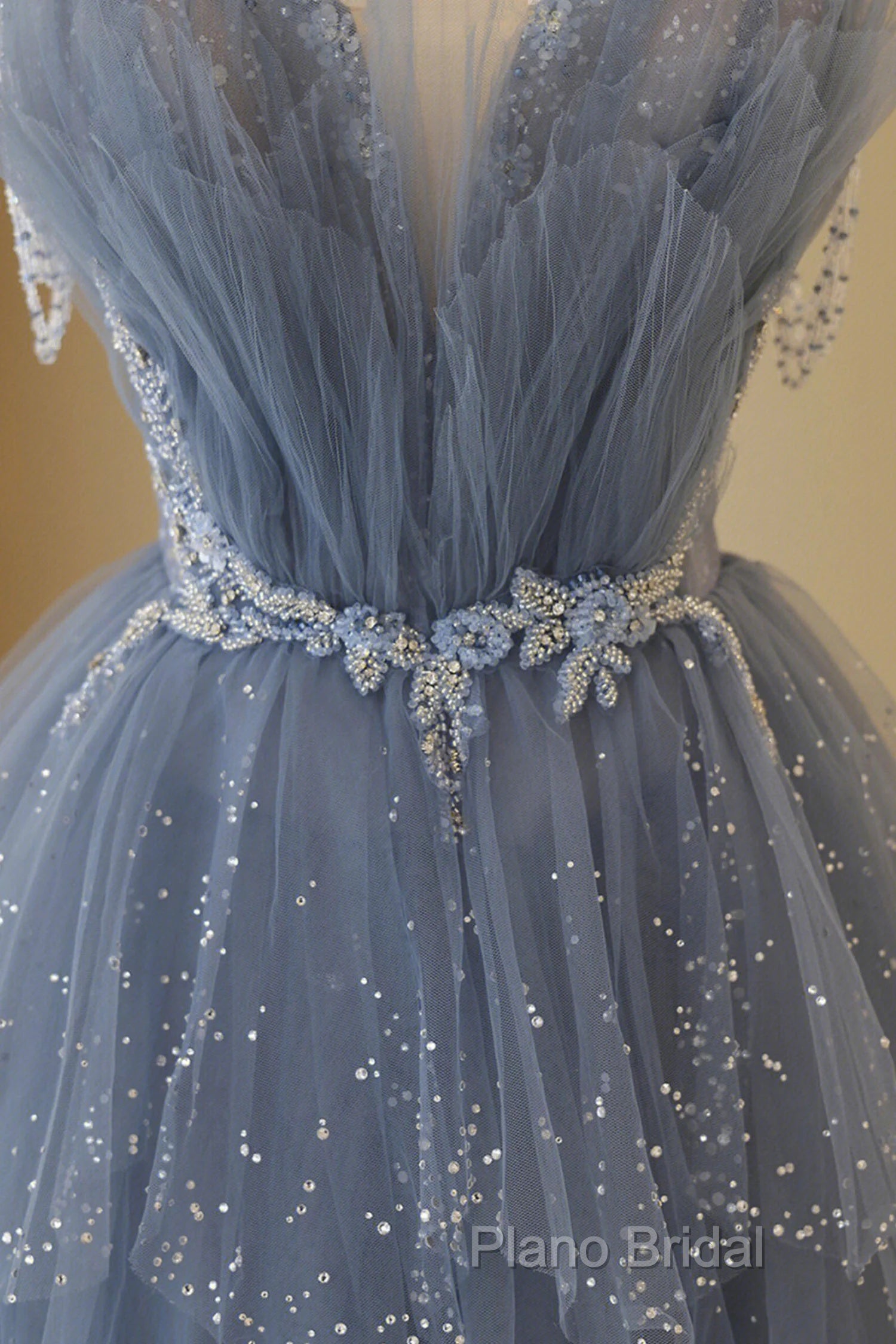Blue Tulle Layers Straps Beaded Long Formal Prom Dresses, Blue A-Line Formal Dresses