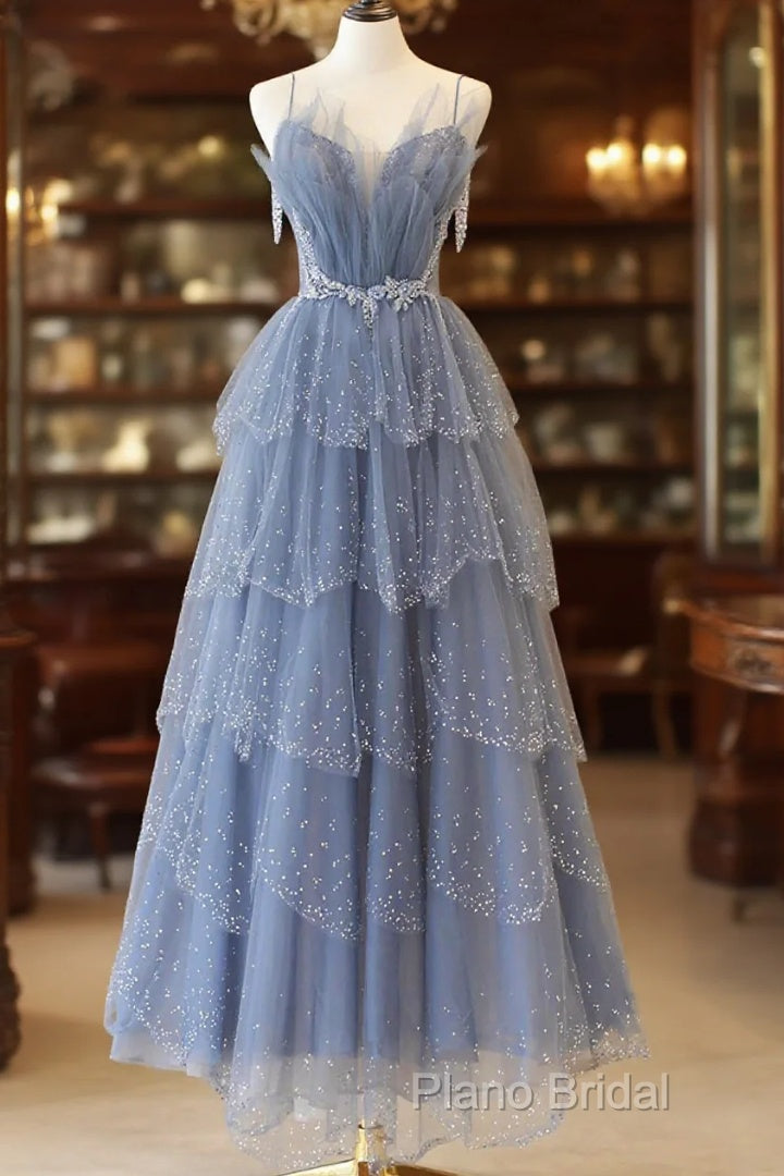 Blue Tulle Layers Straps Beaded Long Formal Prom Dresses, Blue A-Line Formal Dresses Main image