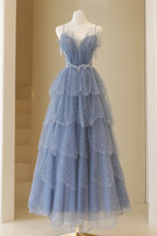 Blue Tulle Layers Straps Beaded Long Formal Prom Dresses, Blue A-Line Formal Evening Dresses