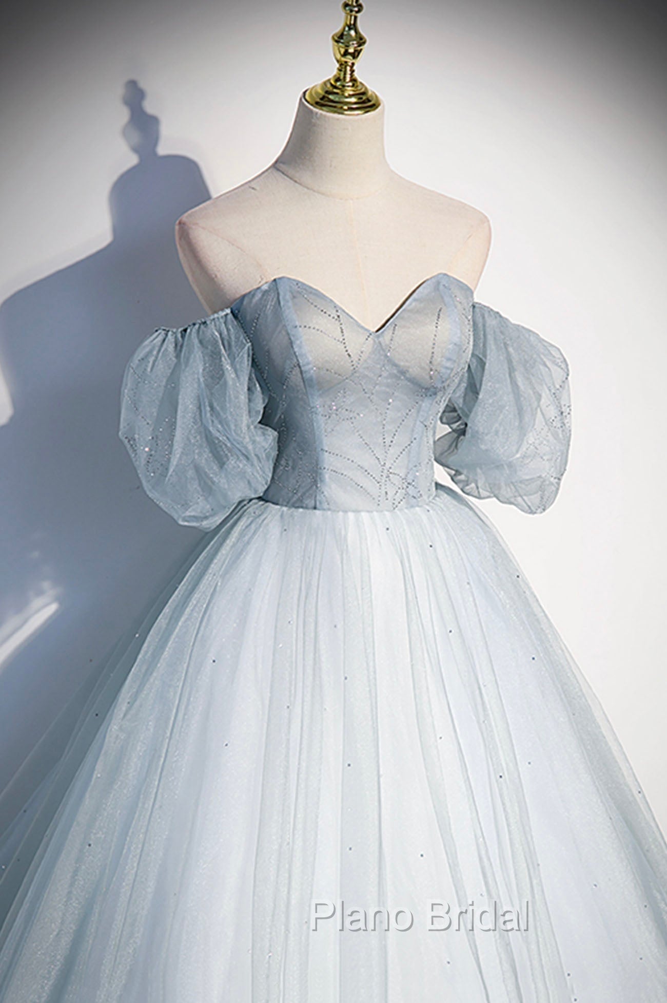 Blue Tulle Long A-Line Ball Gown, Off the Shoulder Formal Evening Dresses