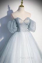 Blue Tulle Long A-Line Ball Gown, Off the Shoulder Formal Evening Dresses