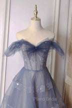 Blue Tulle Long A-Line Formal Prom Dresses