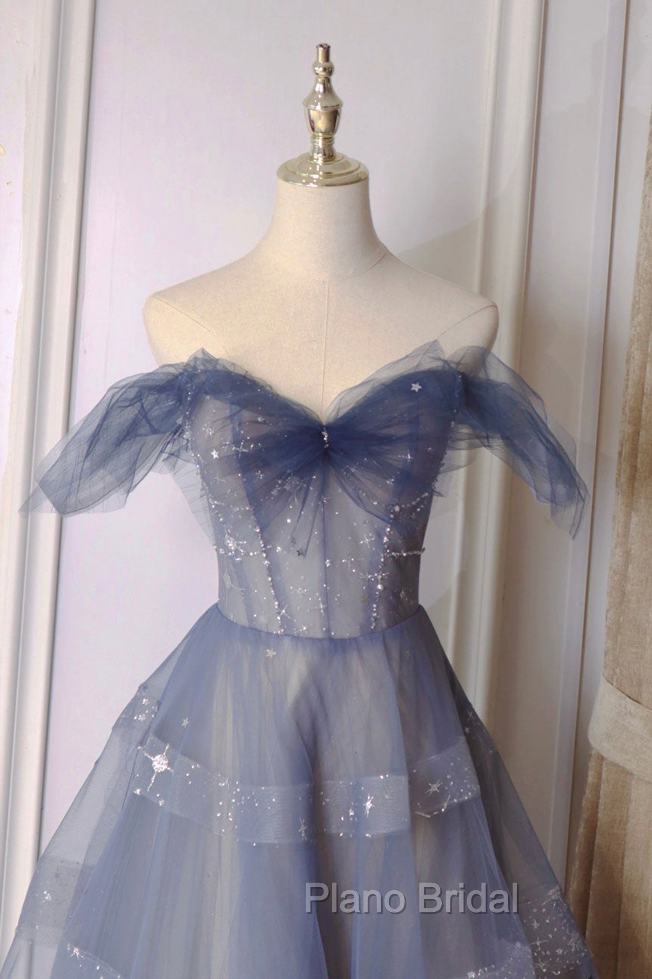 Blue Tulle Long A-Line Formal Prom Dresses