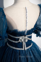 Blue Tulle Long A-Line Formal Prom Dresses, A-Line Short Sleeve Evening Dresses