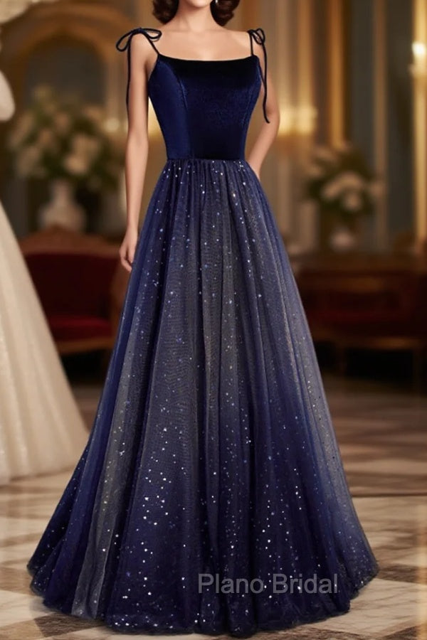 Blue Tulle Long A-Line Formal Prom Dresses, Blue Spaghetti Strap Evening Party Dresses Secondary image