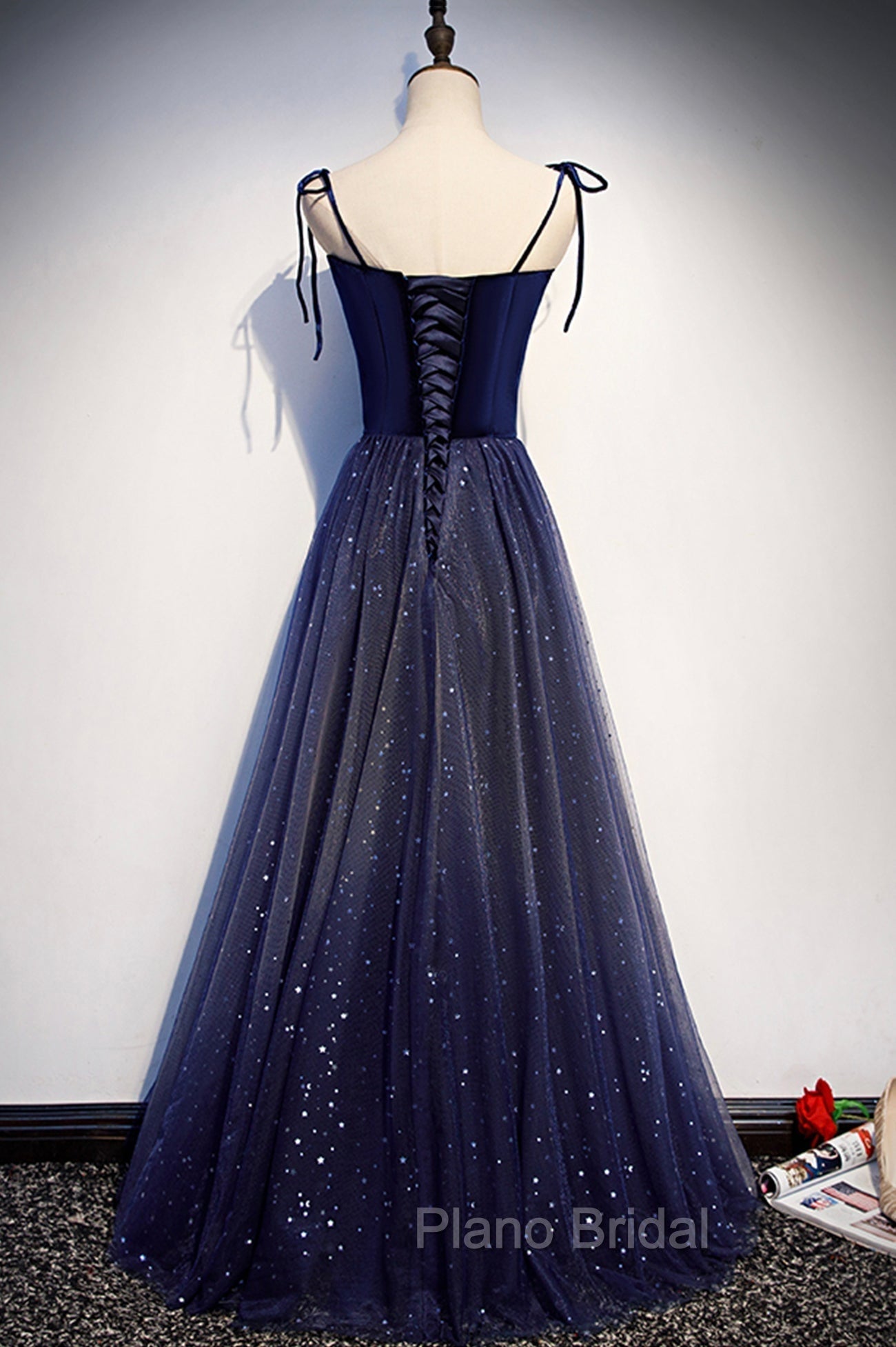 Blue Tulle Long A-Line Formal Prom Dresses, Blue Spaghetti Strap Evening Party Dresses