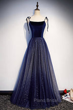 Blue Tulle Long A-Line Formal Prom Dresses, Blue Spaghetti Strap Evening Party Dresses