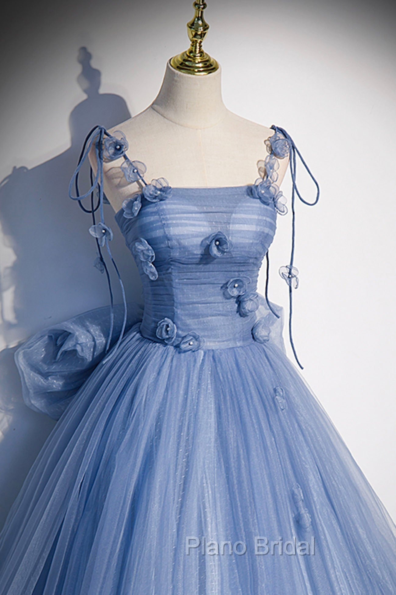Blue Tulle Long A-Line Formal Prom Dresses, Blue Spaghetti Straps Party Dresses with Bow