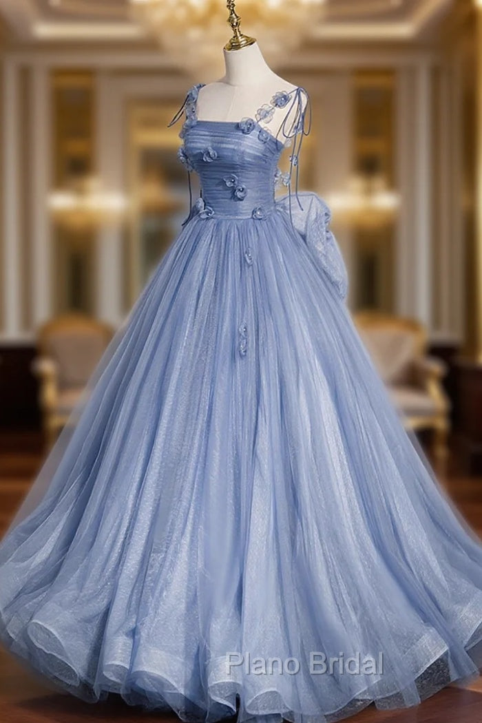 Blue Tulle Long A-Line Formal Prom Dresses, Blue Spaghetti Straps Party Dresses with Bow