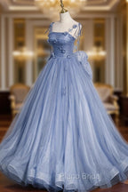 Blue Tulle Long A-Line Formal Prom Dresses, Blue Spaghetti Straps Party Dresses with Bow