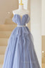 Blue Tulle Long A-Line Formal Prom Dresses, Cute Strapless Graduation Dresses