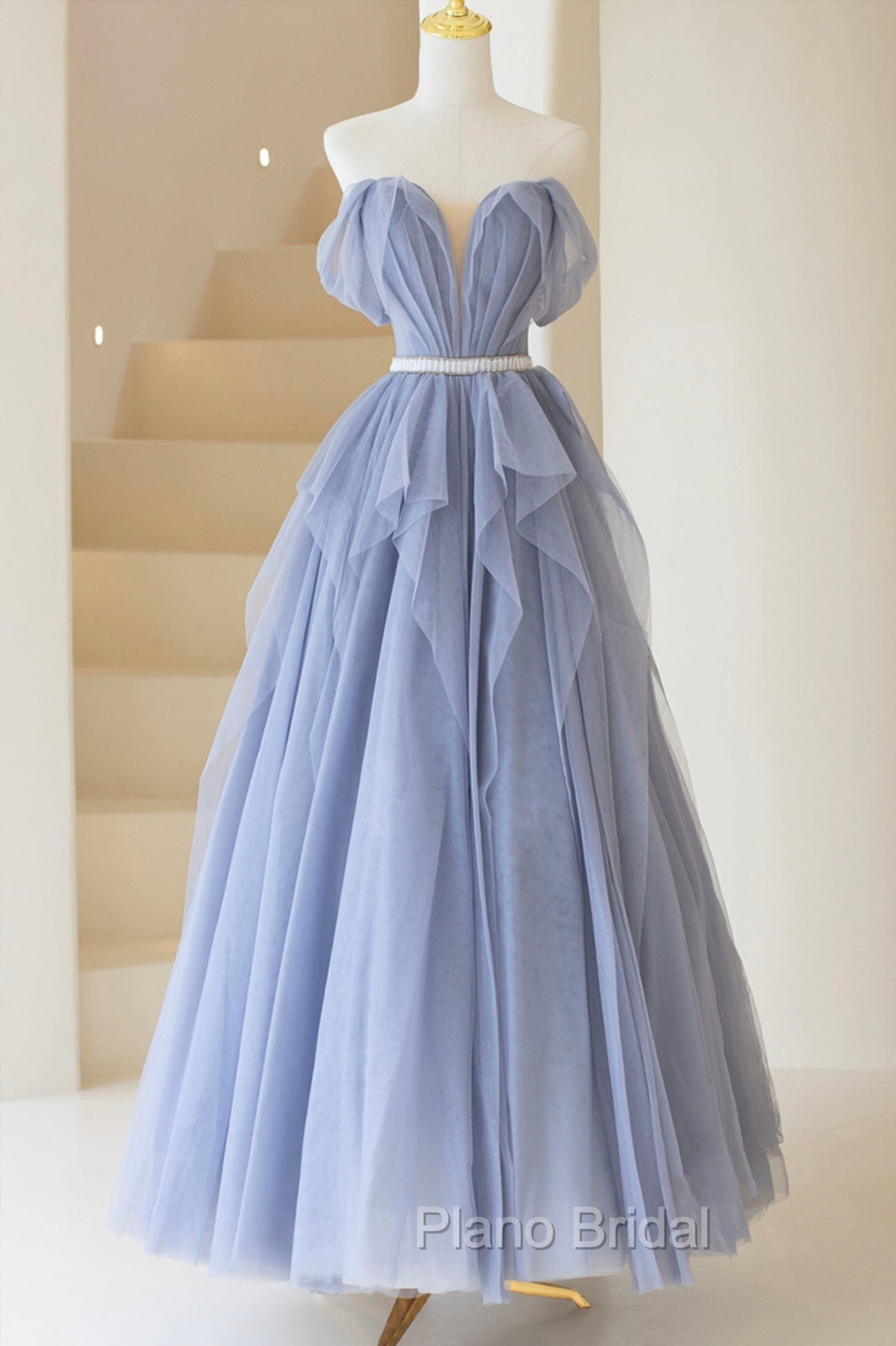 Blue Tulle Long A-Line Formal Prom Dresses, Cute Strapless Graduation Dresses Main image