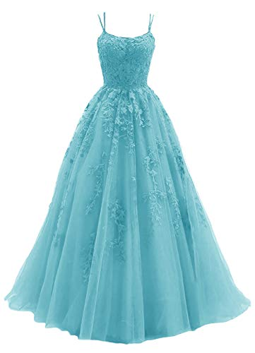 Blue Tulle Long A Line Formal Prom Dresses Lace Formal Evening Dresses Secondary image