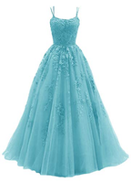 Blue Tulle Long A Line Formal Prom Dresses Lace Formal Evening Dresses