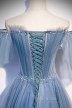 Blue Tulle Long A-Line Formal Prom Dresses, Off the Shoulder Evening Party Dresses