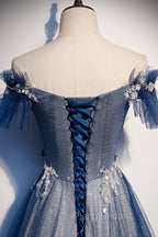 Blue Tulle Long A-Line Formal Prom Dresses, Off the Shoulder Evening Party Dresses