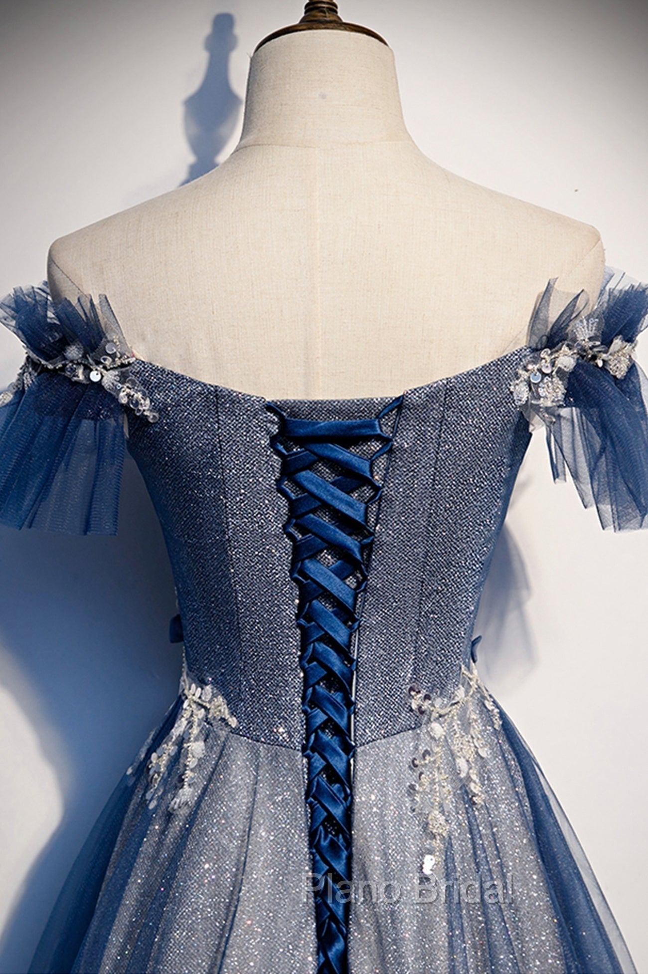 Blue Tulle Long A-Line Formal Prom Dresses, Off the Shoulder Evening Party Dresses