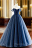Blue Tulle Long A-Line Formal Prom Dresses, Off the Shoulder Formal Evening Dresses