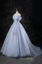 Blue Tulle Long A-Line Formal Prom Dresses Party Dresses, Beautiful Off the Shoulder Blue Evening Dresses