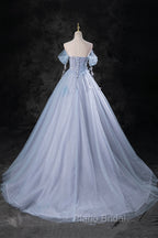 Blue Tulle Long A-Line Formal Prom Dresses Party Dresses, Beautiful Off the Shoulder Blue Evening Dresses