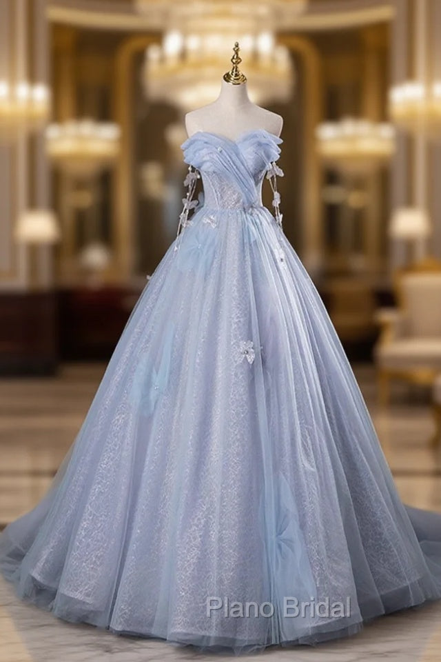 Blue Tulle Long A-Line Formal Prom Dresses Party Dresses, Beautiful Off the Shoulder Blue Evening Dresses Main image