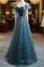 Blue Tulle Long A-Line Formal Prom Dresses, Simple Sweetheart Neckline Evening Party Dresses