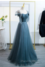 Blue Tulle Long A-Line Formal Prom Dresses, Simple Sweetheart Neckline Evening Party Dresses