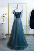 Blue Tulle Long A-Line Formal Prom Dresses, Simple Sweetheart Neckline Evening Party Dresses