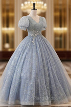 Blue Tulle Long A-Line Formal Prom Dresses, V-Neck Short Sleeve Evening Dresses