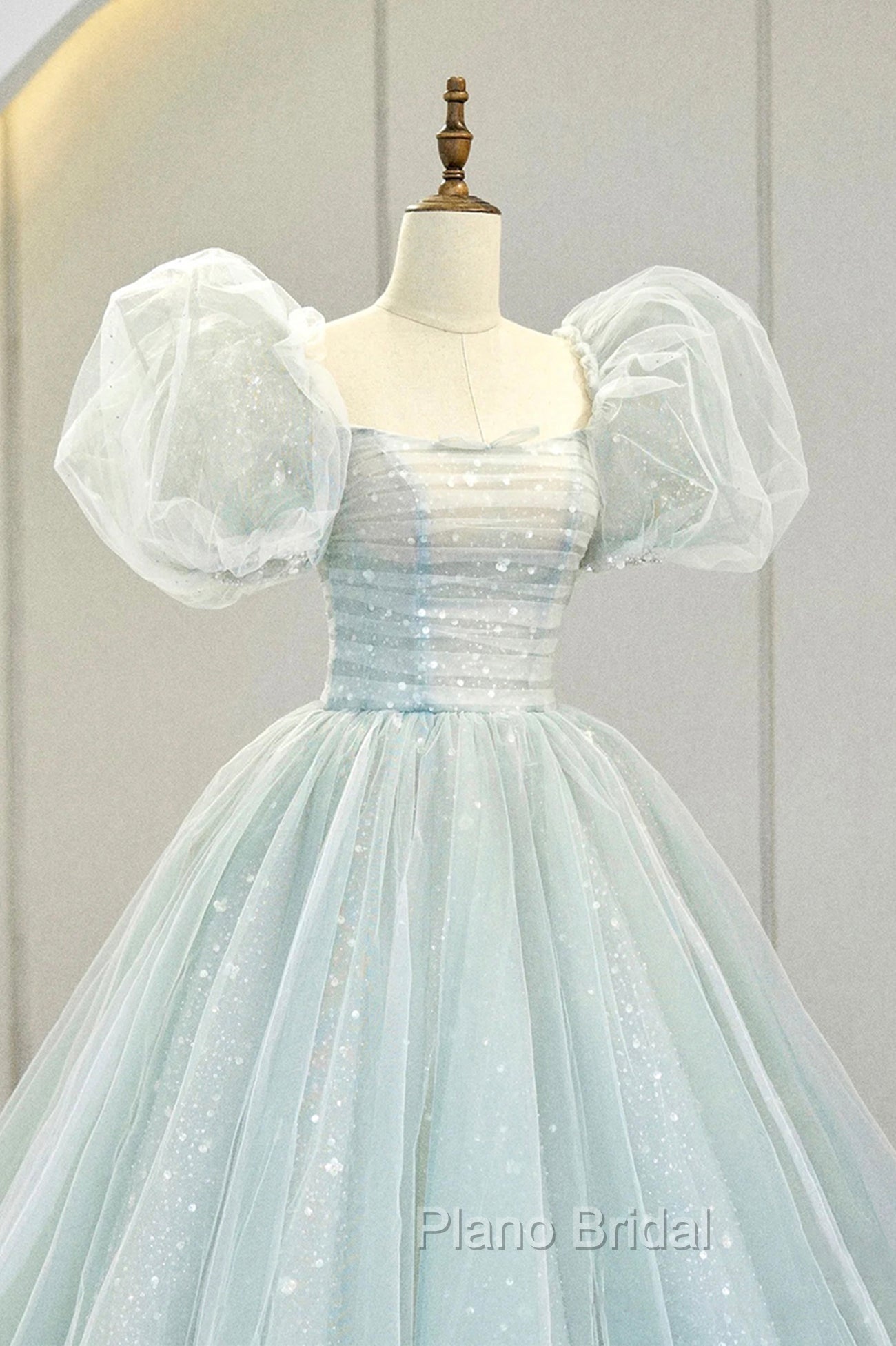 Blue Tulle Long A-Line Formal Prom Dresses with Sequins, Lovely Puff Sleeve Evening Gown