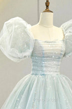 Blue Tulle Long A-Line Formal Prom Dresses with Sequins, Lovely Puff Sleeve Evening Gown